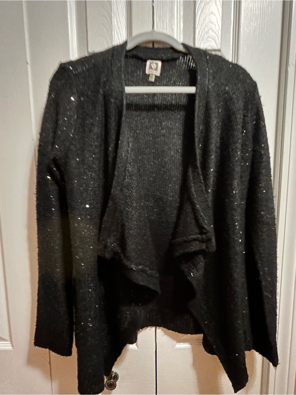 Anne Klein Black Sparkle Draped Open-Front Cardigan